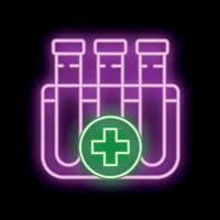 Neon sign representing medical analysis with test tubes and green cross vector