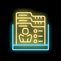 Neon icon of curriculum vitae with candidate information representing job search vector