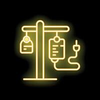 Bright neon yellow icon of an iv stand with saline solution is set against a black background vector