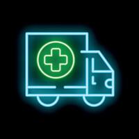 Neon ambulance icon glowing on dark background vector