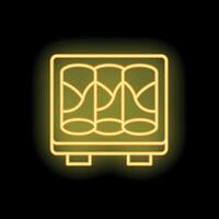 Neon icon of sushi rolls on a tray glowing on black background vector