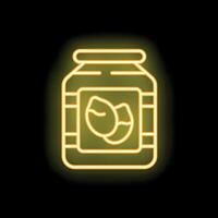 Neon icon of jar with coconut jam glowing on black background vector
