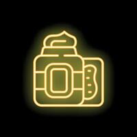 Neon yellow cosmetic cream jar with open lid and spatula glowing on black background vector