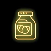 Neon icon of a jar filled with olives glowing on dark background vector