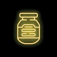 Neon icon of jar with jam, honey or peanut butter glowing on dark background vector