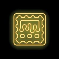 Neon icon of square cracker or cookie with jam filling glowing on dark background vector