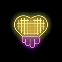 Neon sign representing heart shaped waffle with dripping chocolate on black background vector