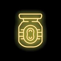 Neon icon of peanut butter jar glowing on dark background vector
