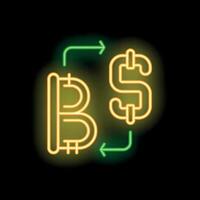 Neon sign showing bitcoin converting to us dollar currency exchange vector