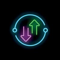 Neon sign depicting up and down arrows in circle on black background vector