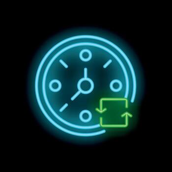 Neon clock showing time passing with two way synchronization arrows vector