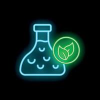Neon icon of erlenmeyer flask with liquid and green leaves representing sustainable chemistry vector