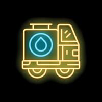 Glowing neon line icon representing a water delivery truck, isolated on a black background vector