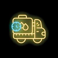 Neon icon of truck delivering water drops on time on black background vector