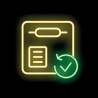 Neon green check mark validating document on black background vector