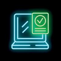 Neon style icon showing laptop with valid document vector