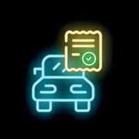 Neon icon of car passing technical inspection with check mark on document vector