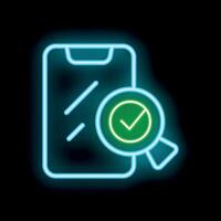 Neon icon of magnifying glass verifying smartphone content vector