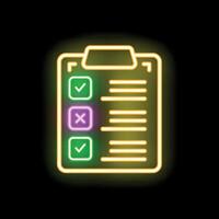 Neon clipboard showing check marks for survey or exam vector
