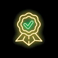 Neon sign showing quality assurance with check mark on black background vector