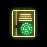 Neon green approved document icon glowing in the dark vector