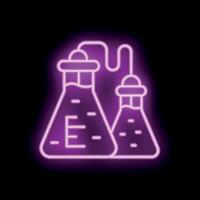 Neon sign showing two erlenmeyer flasks with bubbling chemical reaction vector