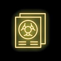 Neon yellow biohazard warning symbol on documents icon glowing on black background vector