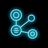 Neon style icon showing four circles connected with lines on black background vector
