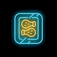 Neon sign depicting chicken legs in a plastic container on black background vector
