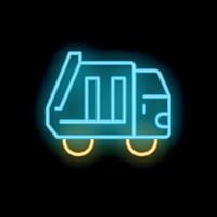 Glowing neon line icon of a garbage truck on a black background vector