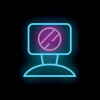 Neon computer icon displaying blocked website symbol on screen in pink and blue vector