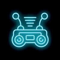 Blue neon remote control with antenna emitting signal on black background vector