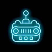 Blue neon sign showing a toy robot on black background vector