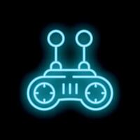 Neon sign remote control gaming device with antennae glowing on black background vector