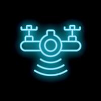 Neon drone emitting signal waves icon on black background vector