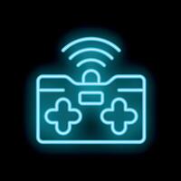 Neon remote control emitting wifi signal on black background vector