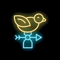 Neon weather vane showing wind direction with glowing bird on black background vector