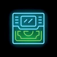 Neon atm cash machine displaying withdraw transaction icon glowing on dark background vector