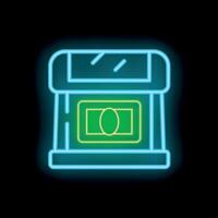 Neon atm cash machine displaying money icon on black background vector