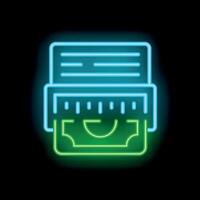 Neon glowing icon of atm machine withdrawing cash from credit card vector