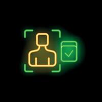 Neon icon of face recognition system verifying person identity vector