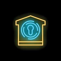 Neon smart home security system icon glowing on dark background vector