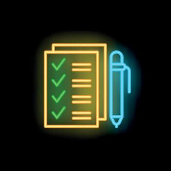 Neon icon of pen completing tasks on checklist vector