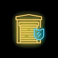 Neon icon representing a secured garage door with a shield vector