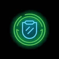 Neon shield icon glowing inside circular frame on black background vector