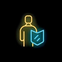 Neon sign of a person standing with a protective shield on a black background vector