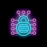Neon padlock protecting network connections on black background vector