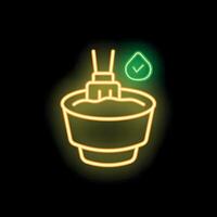 Neon sign representing a mixing bowl with a whisk mixing ingredients and a check mark icon vector