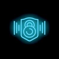 Neon style icon showing kettlebell surrounded by protective shield on black background vector