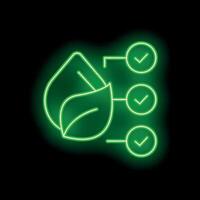 Green neon icon of leaves symbolizing sustainability checklist vector